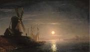 Ivan Aivazovsky A windmill overlooking a moonlit bay oil